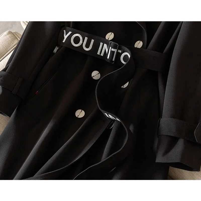 Spring Autumn Casual Women Mid-length Trench Coat With Letter Embroidery Sashes Double-breasted Lapel Female Windbreaker OutwearX240921