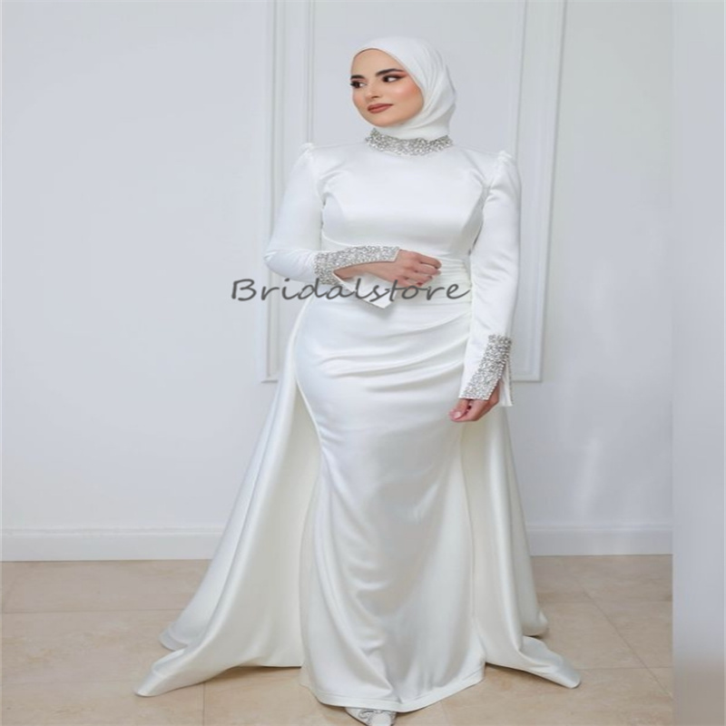 Elegant Muslim Arabic Wedding Dresses With Detachable Train Charming Long Sleeve High Neck Soft Satin Bead 2 In 1 Country Bride Vestido De Mariage Cas