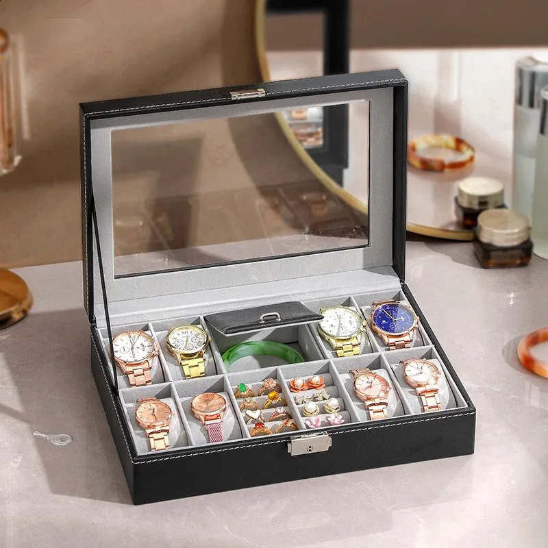 Watch Box 8 Jewelry Box Watch Display Case Organizer Jewelry Trey Storage Box Black PU Leather with Mirror and Lock 240910