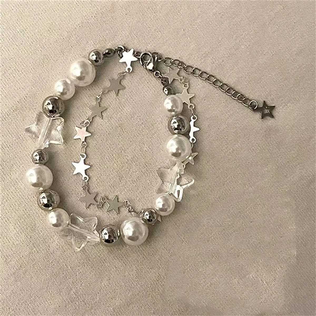 Harajuku Resin Imitation Pearl Star Beaded Bracelets For Women Vintage Aesthetic Charm Double Layer Star Chain Bracelet JewelryXJ241214