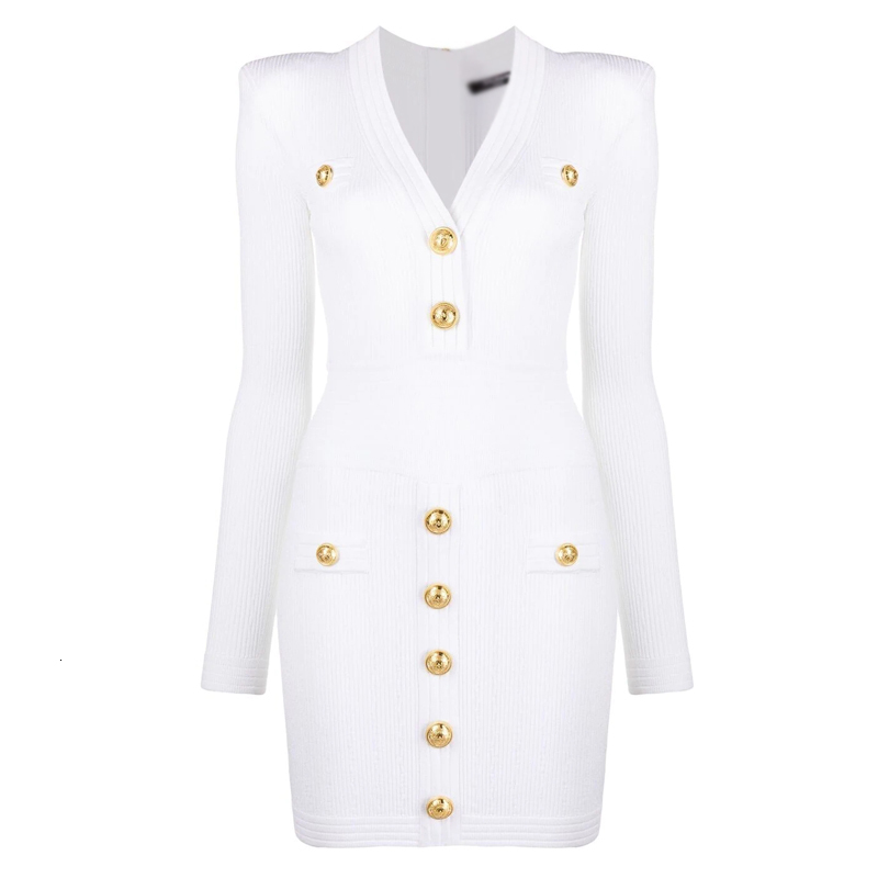 Harleyfashion New Fall Collection High Quality V-Neck Buttons Streetwear Casual White Sheath Knitted Dress