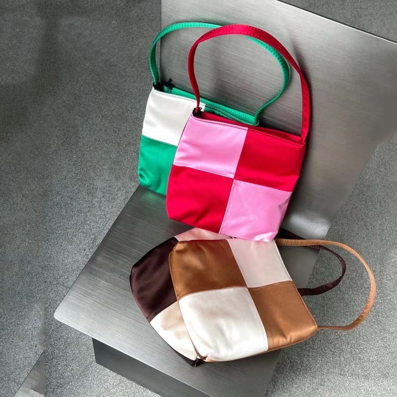 Women's 2024 new niche satin color patchwork women's checkerboard underarm handbag mini square bag