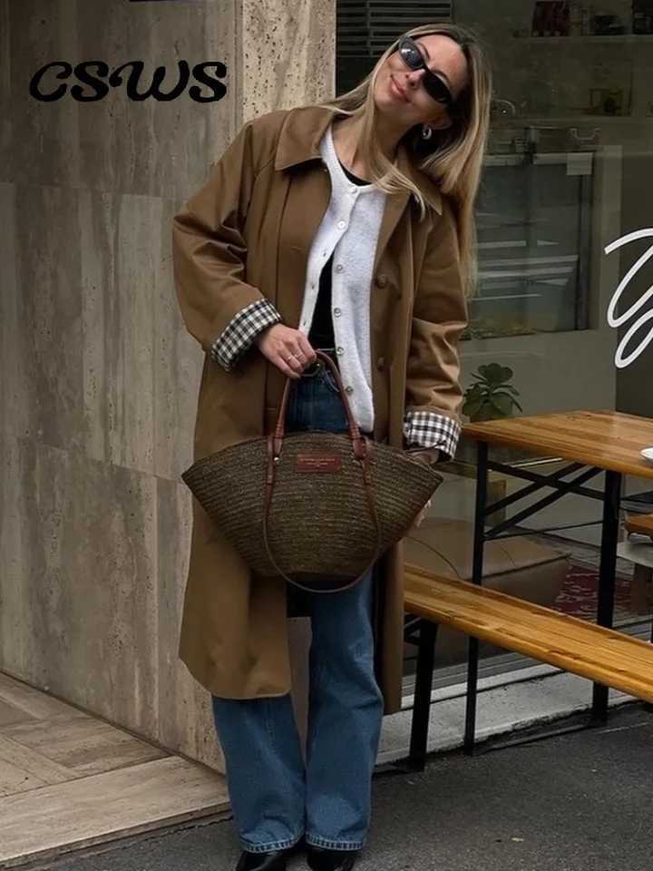 Elegant Plaid Lapel Long Windbreaker Women Fashion Single Breasted Full Sleeve Solid Coat 2024 Autumn Lady High Street OutwearX240921