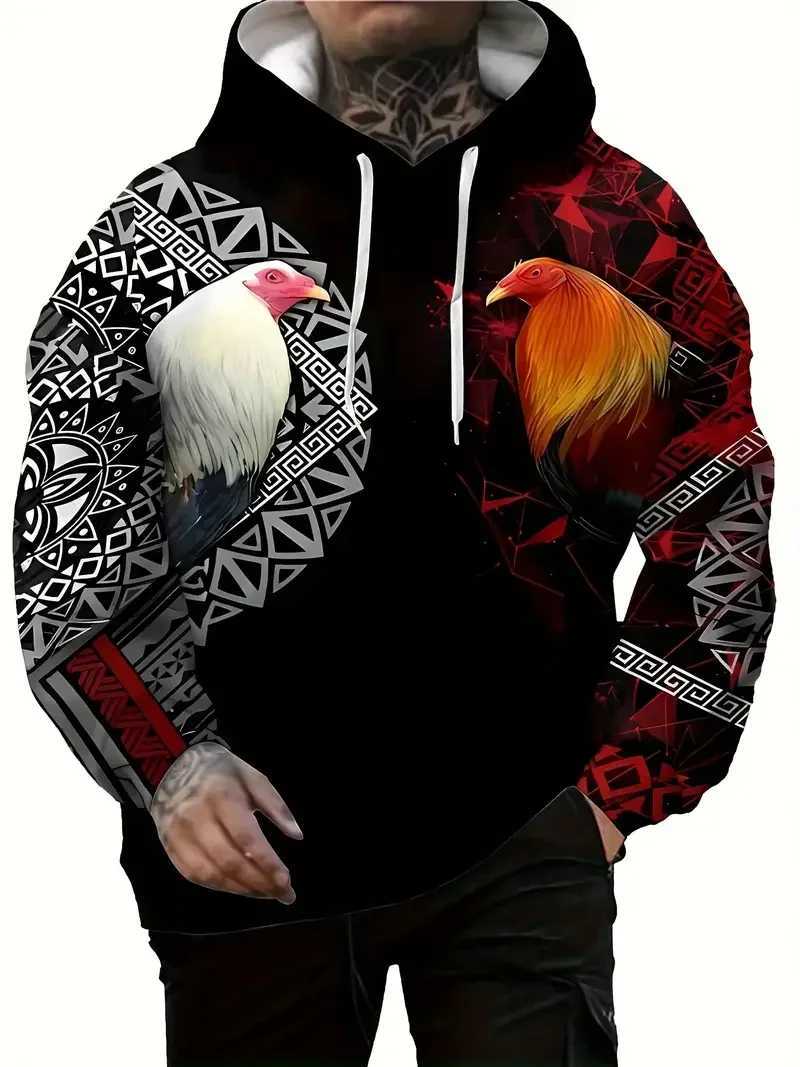 Mens 3D Roosters Graphic Print Hoodie Street Sports Shirt Casual Pullover Top Autumn Fashion Hoodie Mens Oversized Clothing W240921
