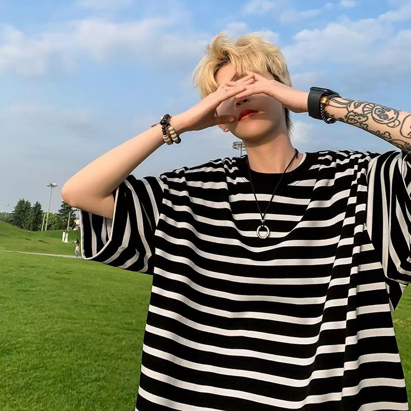 Striped short-sleeved boys' summer American retro high street tide brand loose casual round neck five-point sleeve top