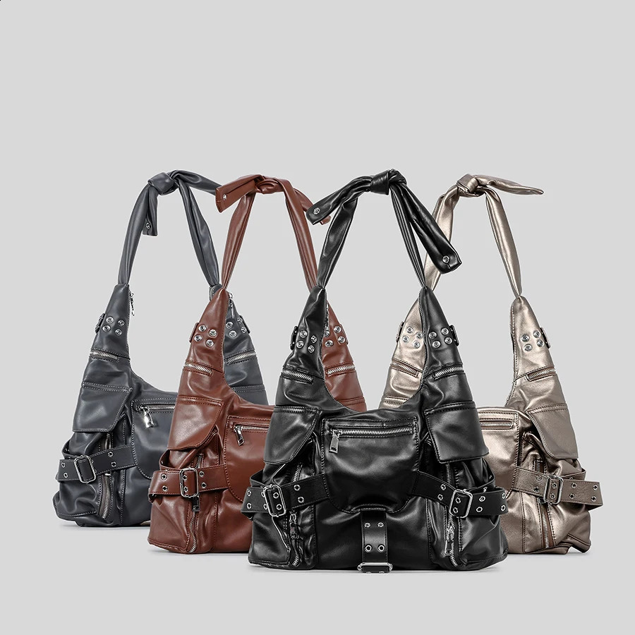 Retro multi pocket denim womens shoulder bag punk wide strap retro lingerie wallet 240919
