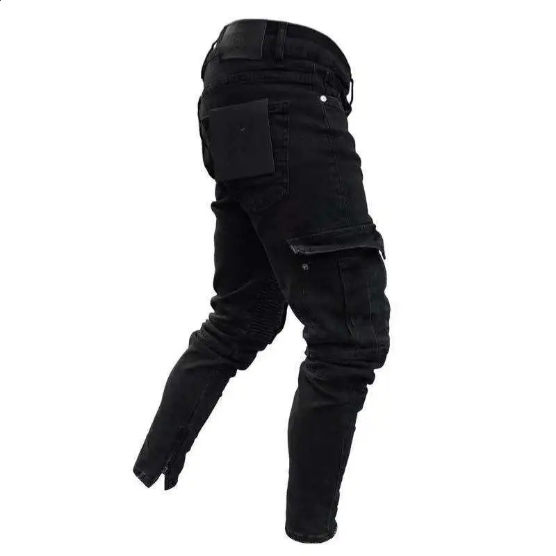 Mens Stretch Jeans Black Big Side Pockets Cargo Jeans Fashion Zipper Small Foot Denim Pants Elastic Jogging Trousers Streetwear 240921