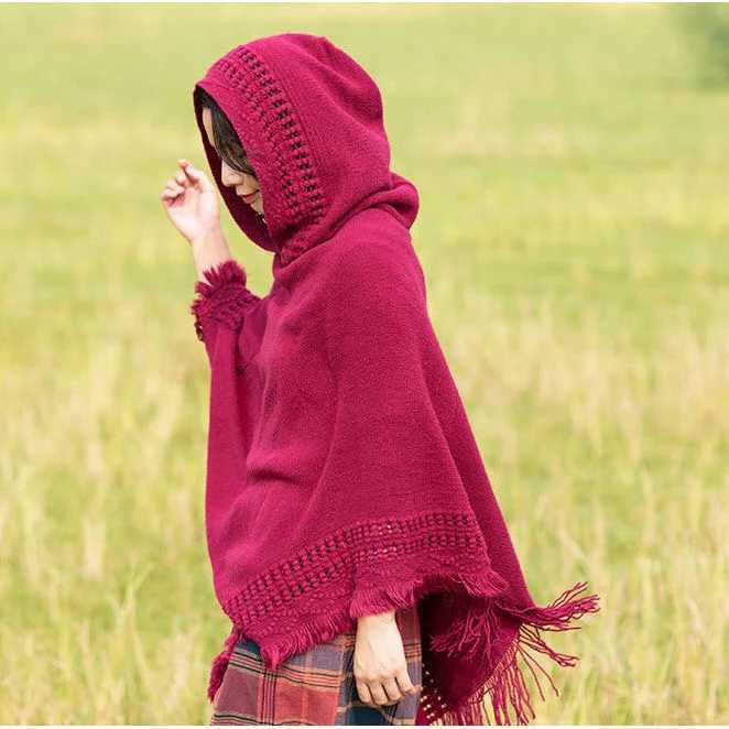 Spring/Summer New Womens Winter Knitted Hoodie Raincoat Corner Hook Weaving Tassel Shawl Bag Sweater Hoodie for Girls Warm Khaki W240921