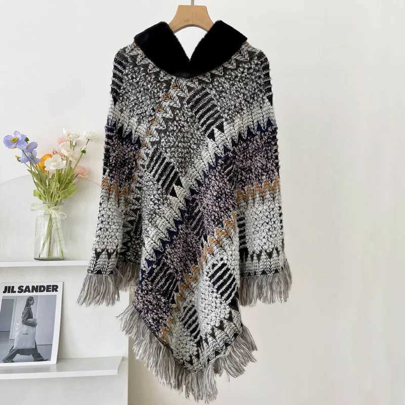 Autumn and Winter Shawl National Knitted Cloak Womens New Lanhua Cloak Tassel Warm Shawl Imitation Wool Collar Raincoat W240921