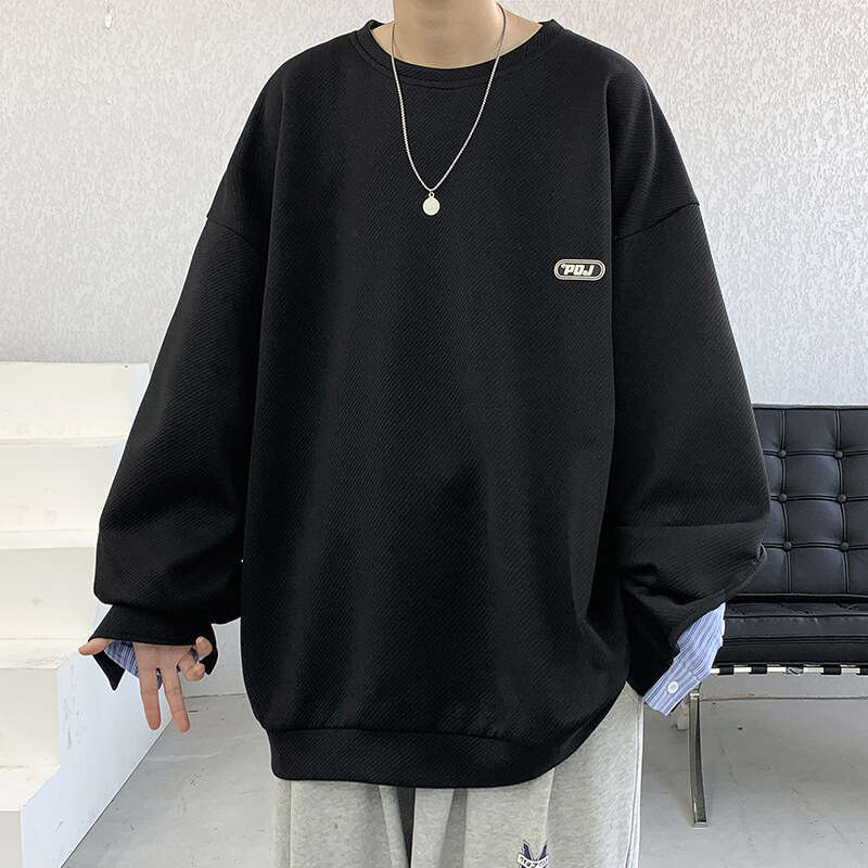 2024 Trendy Round Neck Label Hoodie Men's Spring Large Retro Striped Shirt Sleeve Splicing Top