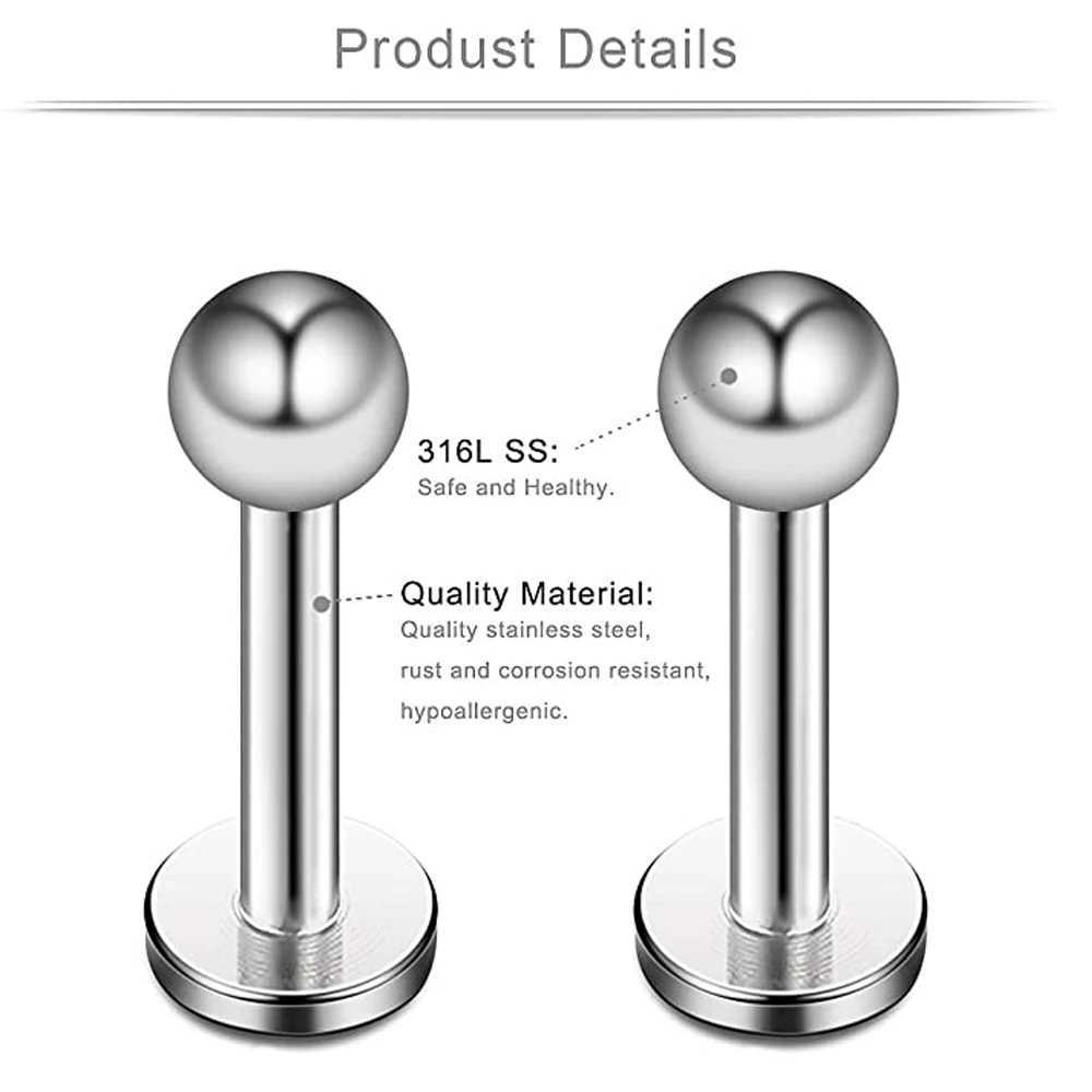 WKOUD 16G 3mm Ball Cubic Zirconia Labret Monroe Lip Ring Tragus Helix Earring Stud Barbell Piercing Jewelry Bar Length 6-10mm Y240921