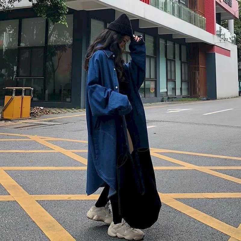 Denim Trench Coats Women Long Sleeve Casual Korean Style Workwear Jackets Vintage Ankle Length Oversized One-piece Women TopsX240921