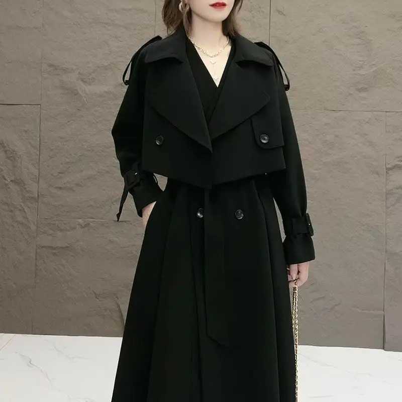 2023 New Two Piece Set Women Trench Coats Long Solid Casual Ladies Windbreaker Black Khaki Size Belt Lapel Clothing Fashion TopsX240921