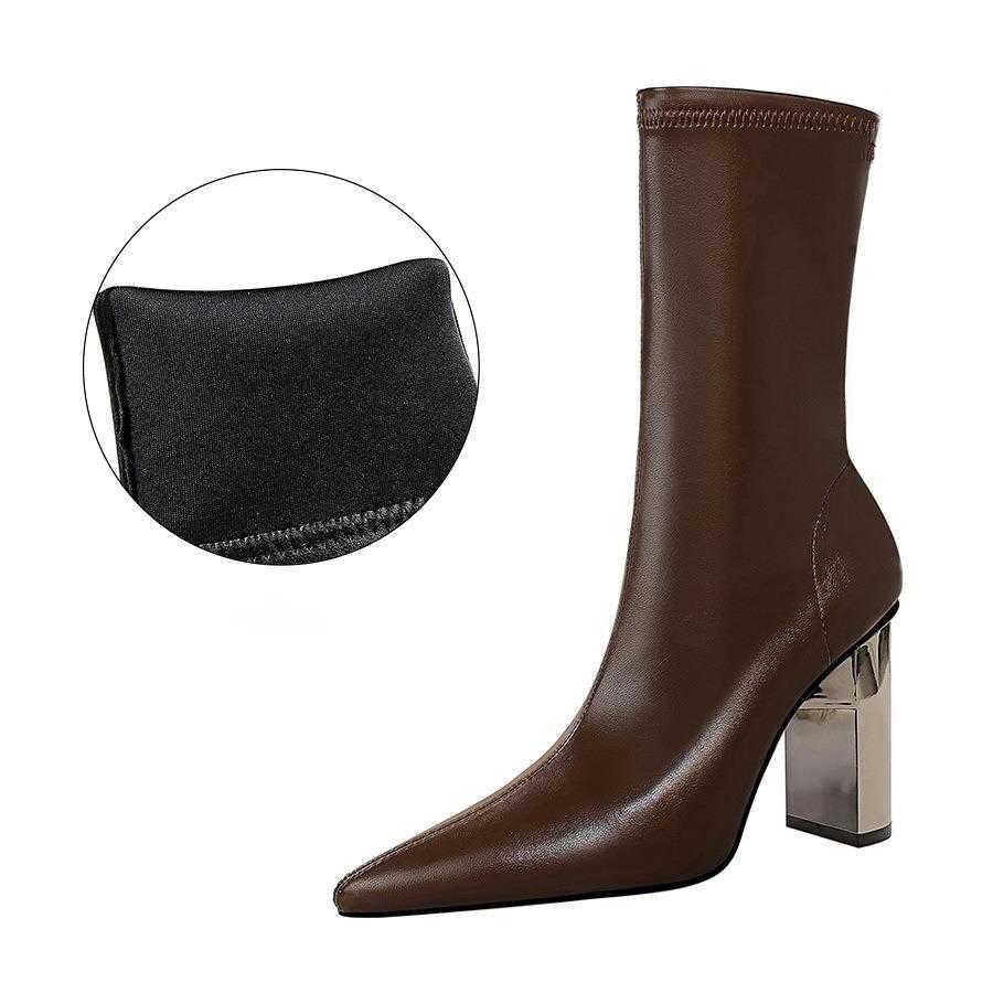 CMM Fashion Thin Boots Metal Thick Heel High Heel Pointed Sexy Nightclub Show Thin Winter Boots
