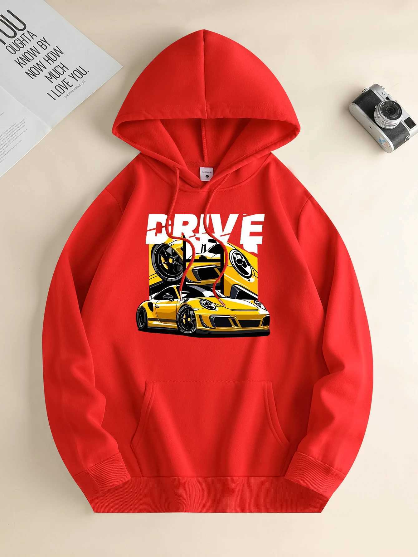 Mens new fashion hoodies casual daily drawstring hooked sweatshirts car prints front kangaroo pockets mens blouses W240921