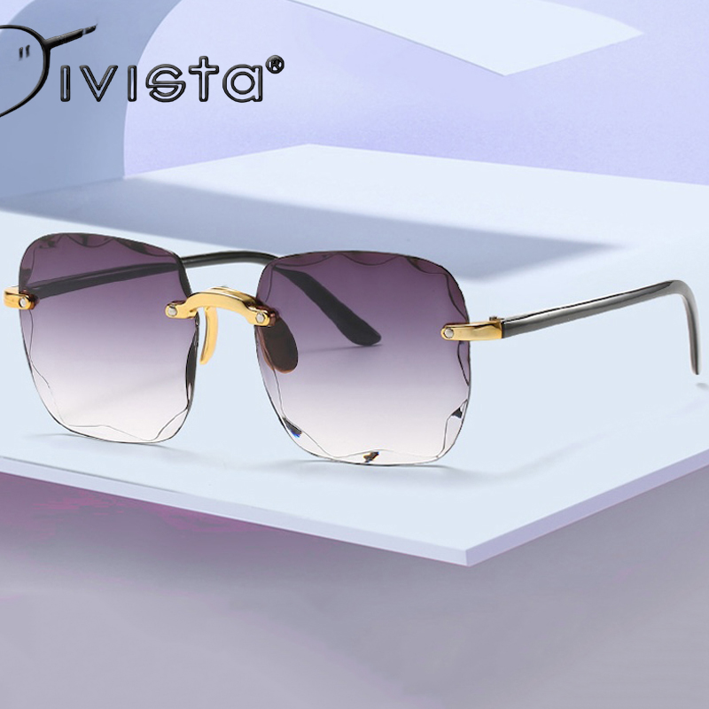 Square Rimless Sunglasses Women Rectangle Fashion Popular Men Shades Small Sun Glasses For Female Male Summer Traveling Purple S139 IVISTA