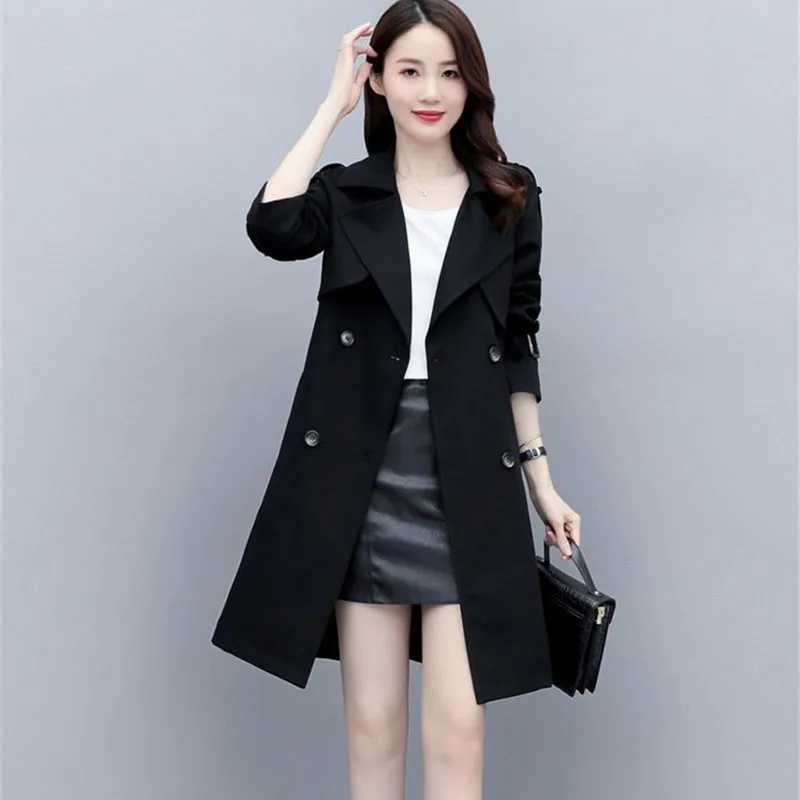 Women Trench Coat Spring Autum New Fashion Khaki Black Double-Breasted Mid Length Windbreaker Female Outerwear Gabardina MujerX240921