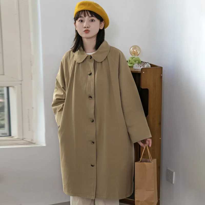Khaki Long Trench Coats Women Japanese Style Long Jacket Fall Spring Cute Doll Collar Button Up Loose Causal Windbreaker ClothesX240921