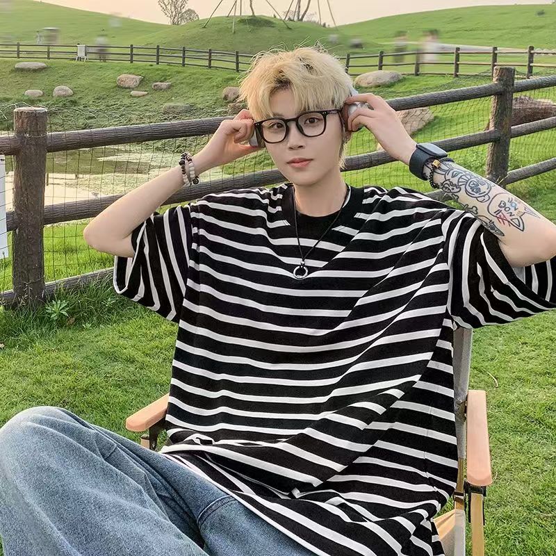 Striped short-sleeved boys' summer American retro high street tide brand loose casual round neck five-point sleeve top