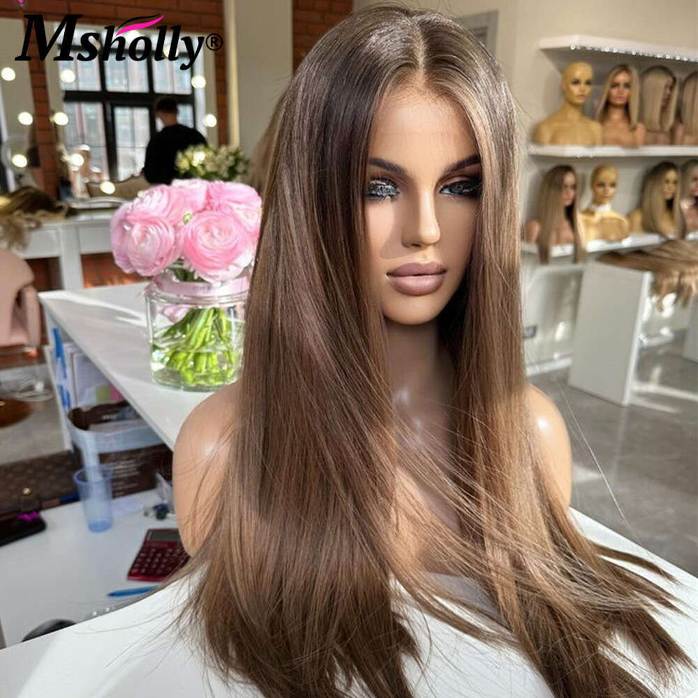 Highlight Chocolate Brown 13x4 Lace Front Bone Straight Preplucked Human Hair Wig Brazilian Colored Remy Wigs
