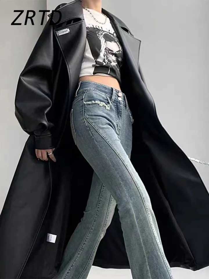 Elegant Belt Womens Leather Overcoat Loose Lapel Long Sleeve Lace Up Solid Windbreaker 2024 Autumn Winter Lady Street Long CoatX240921