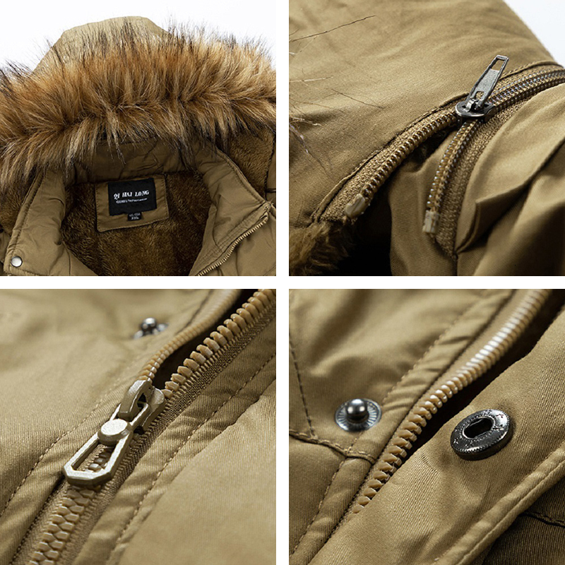 Men Warm Parkas Winter Fleece Thick Fur Collar Long Parka Jacket Mens Fashion Casual Windproof Detachable Hat Jackets Coat Male