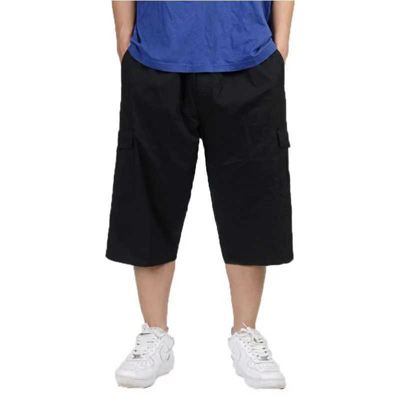 2023 Men Summer Multi-Pocket Baggy Cargo Cotton Calf Length Pants Casual Trouser Male Large Solid Color Shorts Plus Size Xl-6XlX240921