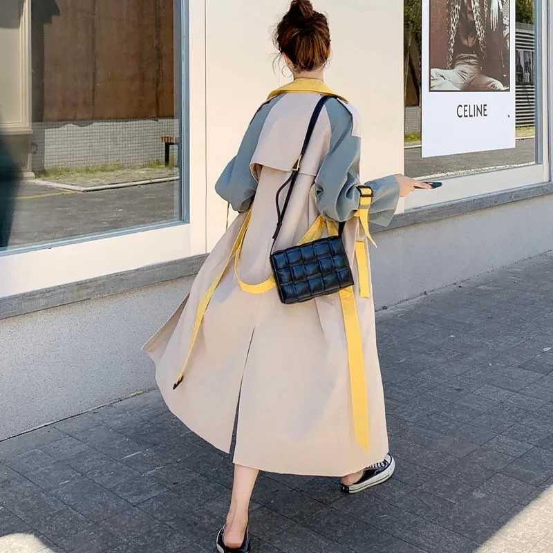 2023 Spring Fall Korean Patchwork Color Women Mid-length Trench Coat With Belt Double-Breasted Lady Windbreaker Female OuterwearX240921
