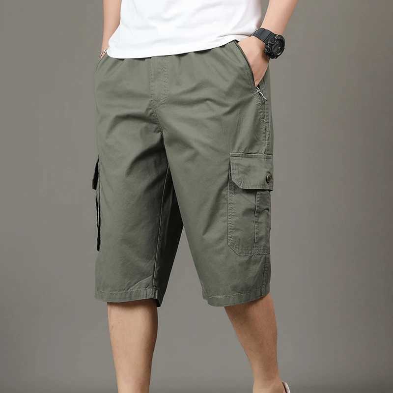 Mens Solid Color Pockets Button Elastic High Waisted Summer Casual Straight Vacation Cargo Capri Pants Preppy Style ShortsX240921