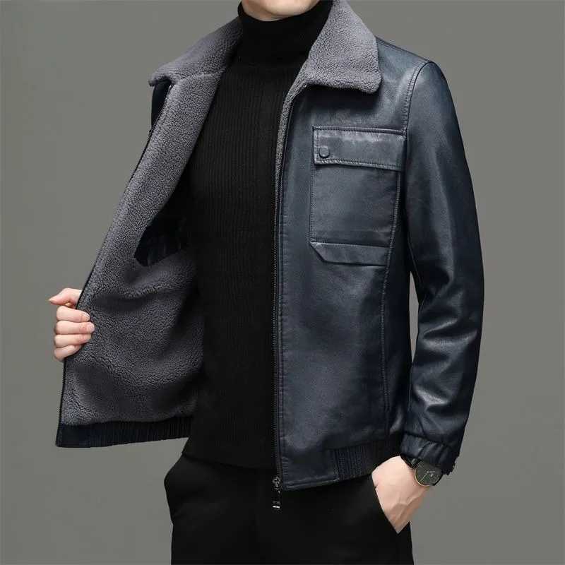 Winter new mens wool lined sheepskin jacket high-end ultra-thin suitable for large mens leather jackets casual solid color lapel jackets W240918