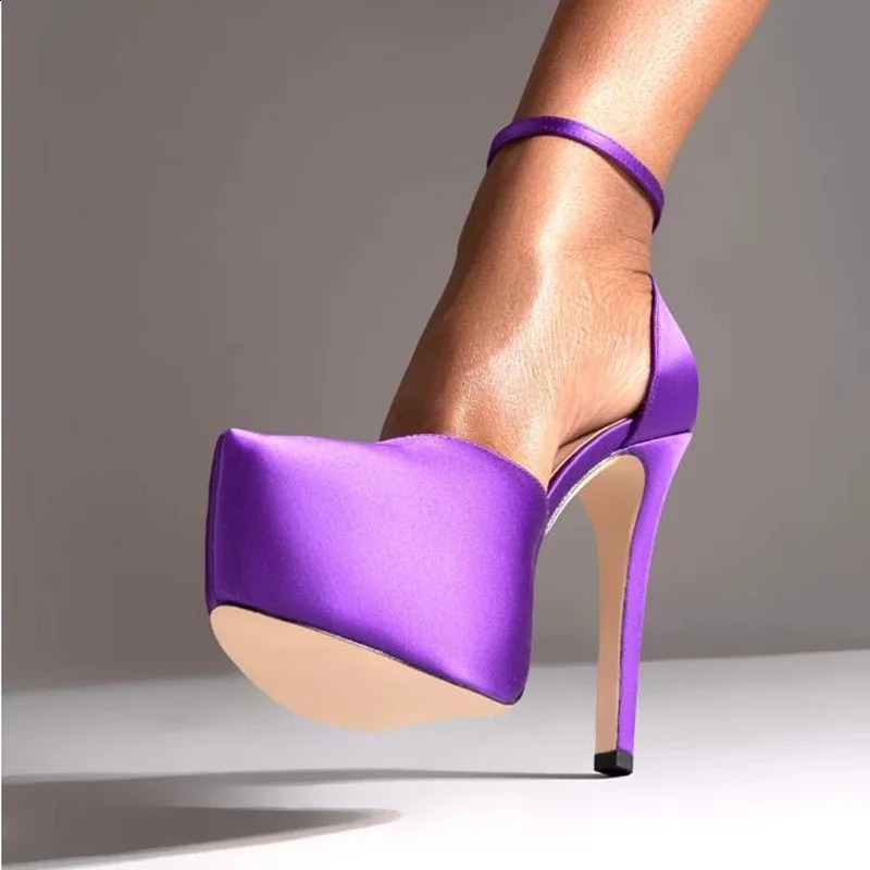 Purple satin platform foot womens pump round foot shoulder strap spring and autumn table tennis shoes large size 45 slim high heels 240919