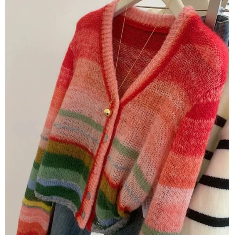 Women Trendy Rainbow Striped Patchwork Sweet Button Knitted Cardigan Y2K Female V Neck Long Sleeve Loose Chic Outerwears Sweater 240912