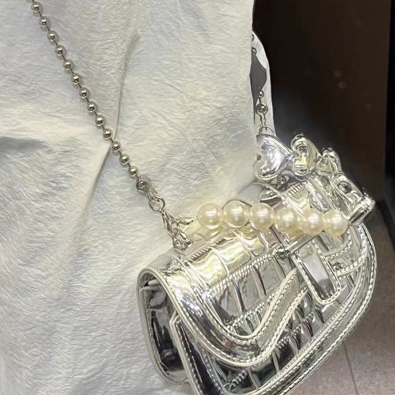 Chain Texture Pearl Mini Silver Diagonal Cross Handheld Shoulder Bag