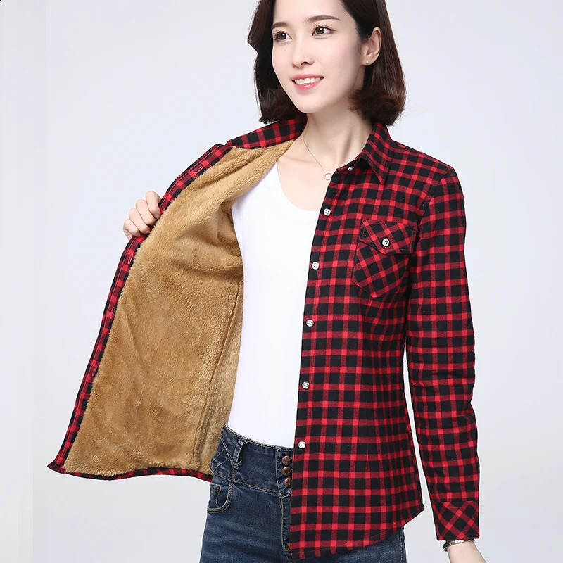 2023 Winter Plus Thick Womens Warm Plaid Shirt Coat Lady Casual Fleece Velvet Jacket Tops Women Clothes Outerwear 240919