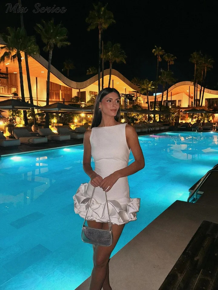 Sexy patch work pleated mini dress for women ultra-thin O-neck backless party dress autumn womens solid vest 240921