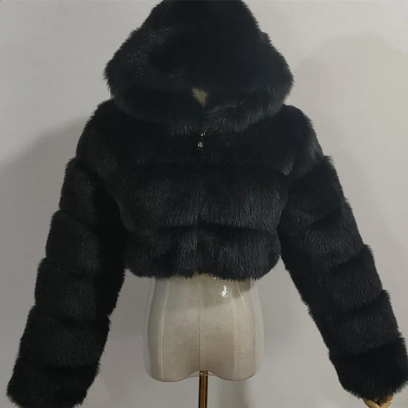 Autumn Furry Cropped Faux Fur Coats Jackets Women Fluffy Top Coat Hooded Straight Short Winter Fur Jacket Fashion Streetwear 240921