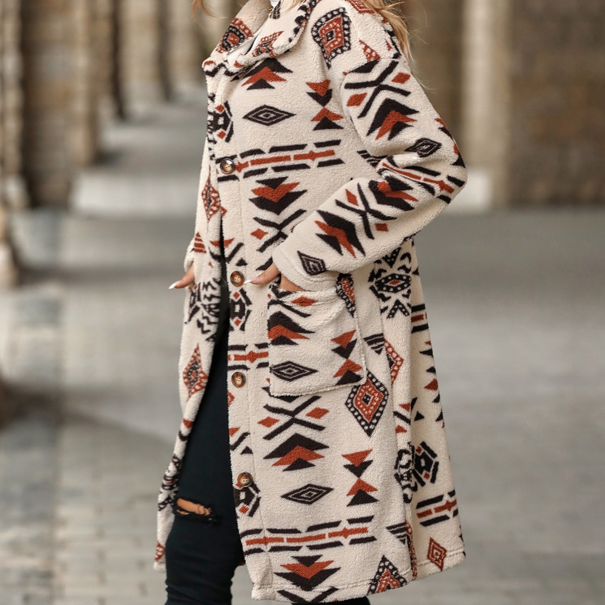 Velvet Autumn/winter New Womens Single Breasted Ethnic Style Printed Plush Long Coat Jacket
