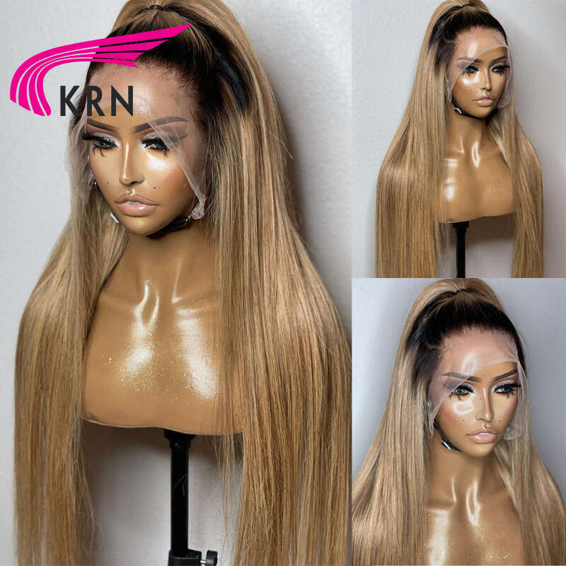 1B27 Straight Human Wigs with Baby Hair Preplucked Ombre Honey Blonde Brazilian Remy Lace Front Wig