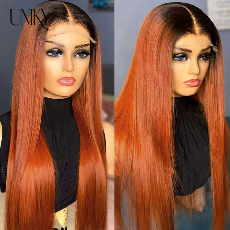 1B/Orange Ginger Straight 13X4 HD Frontal Wig Ombre Human Hair 4x4 Lace Closure Colored Wigs For Black Women