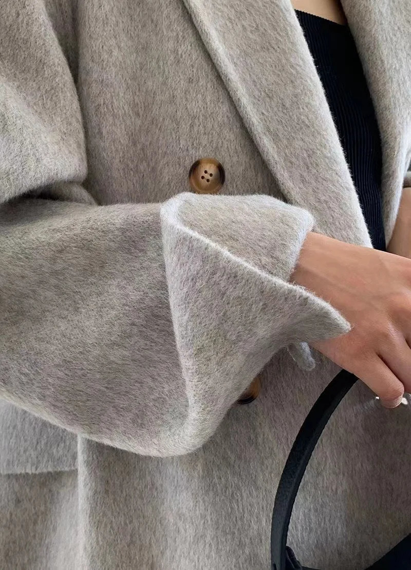 Women Winter Gray Thick Woolen Coats With Button Loose Long Sleeves Pocket Ladies Elegant OverCoat 240911