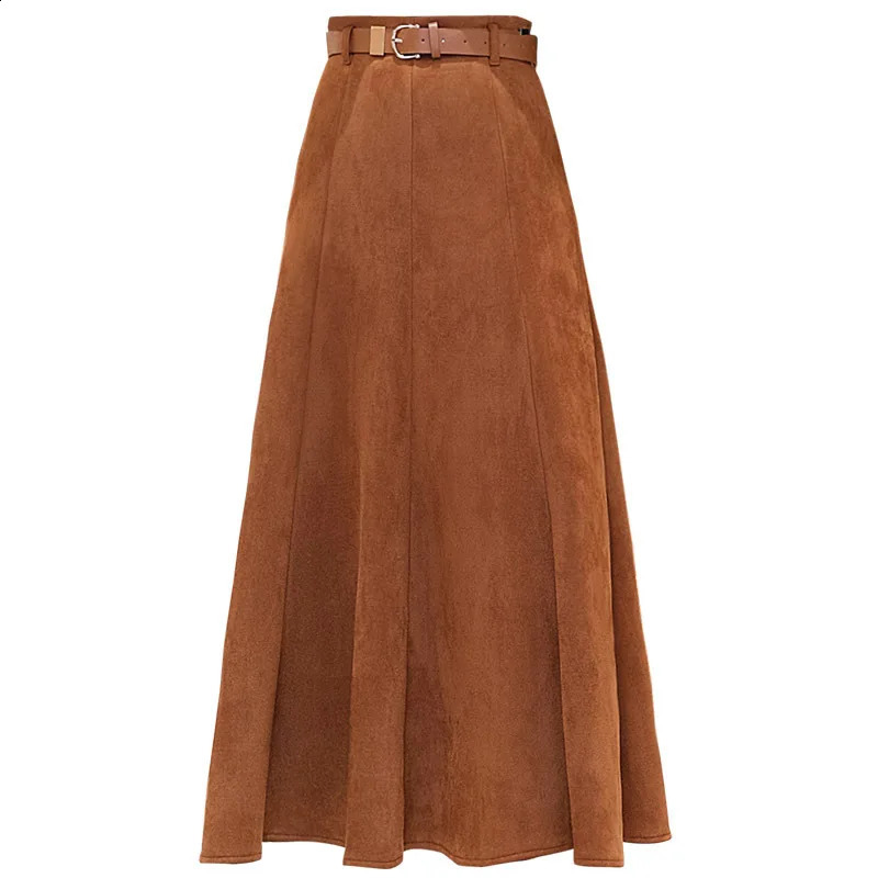 Women Suede Large Swing A-line Skirt For Autumn Winter High Waist Retro Puffy Long Thicken Warm Skirts With Belt Dropshiping 240919