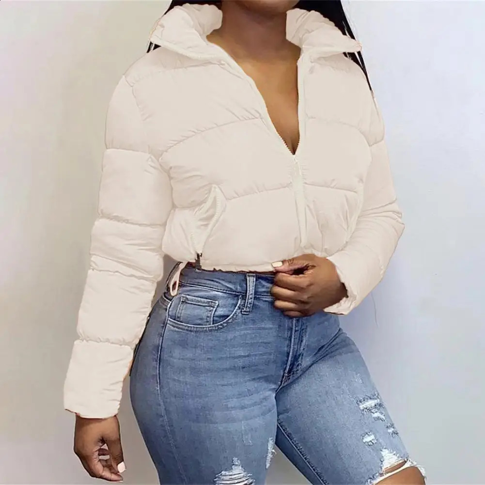 Womens winter long sleeved zipper inflatable jacket holder collar for warmth Parka fashion short thick bubble 240921