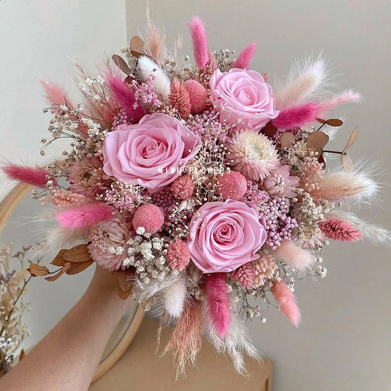 Dry Pampas Grass Wedding Bouquet Bridal Rose Artificial Boho Home Decoration 240919