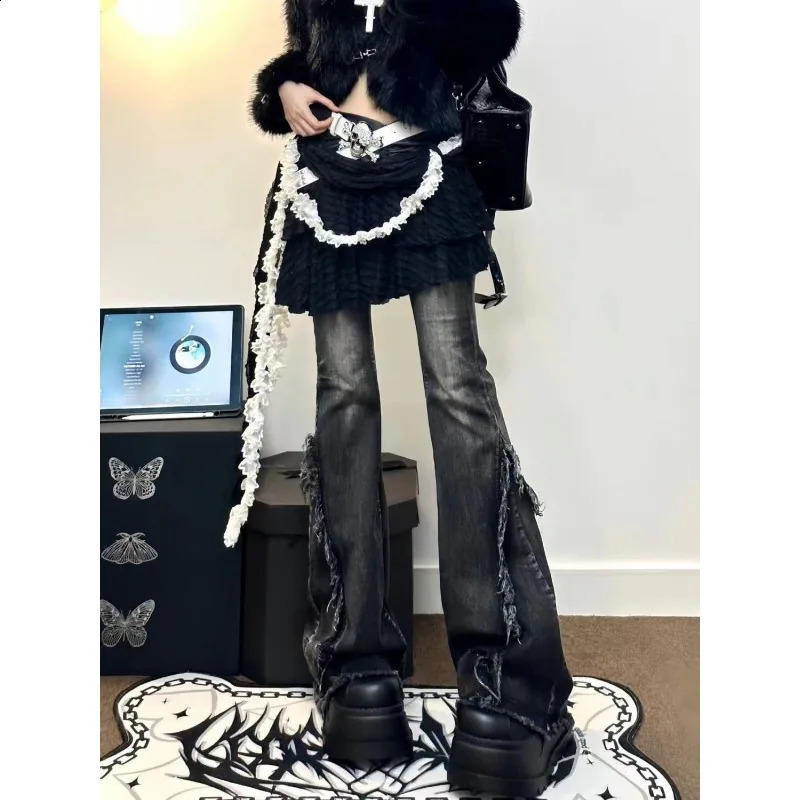 American Style Retro High Street Ruffled Denim Jeans for Women in Autumn Low Waisted Elastic Slimming Wide Leg Mop Pants 250206