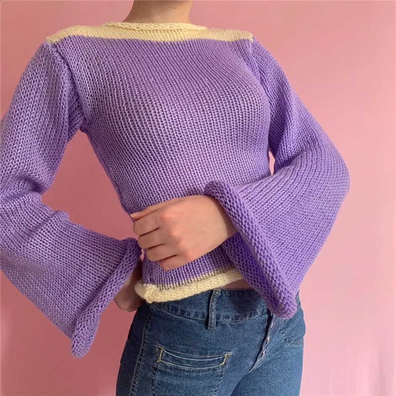 Doury Rainbow Curled Sweater Women Fashion Flared Long Sleeve Loose Knitted Pullovers Fairy Harajuku Vintage Clothes Autumn 240912