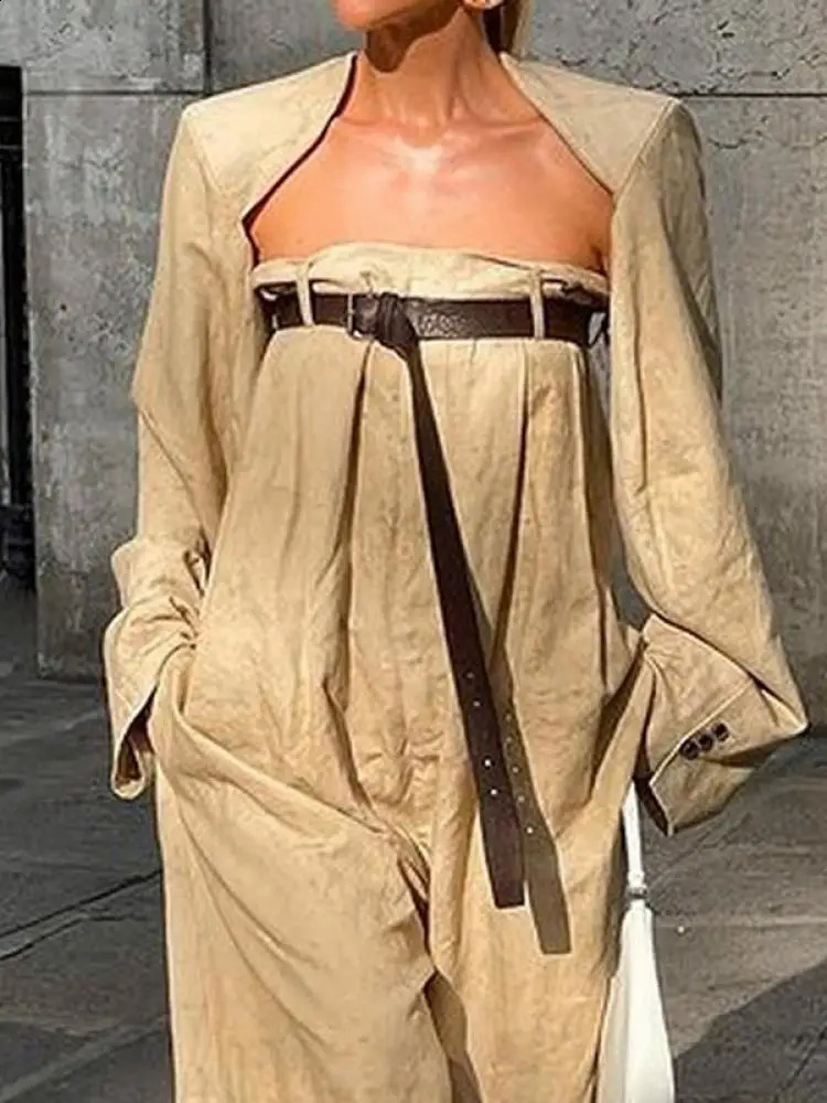 Yeezzi 2024 Female Fashion Long Sleeves Collarless Outerwear Tops Strapless Wide Leg Tube Belted Jumpsuits Two Pieces Sets 240921