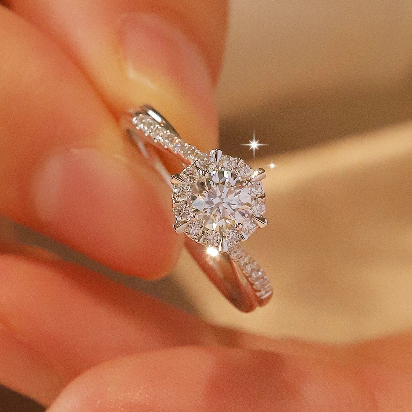 Sophisticated Ladies' Moissanite Jewelry Piece Twisted Arm Structured, Floral-Inspired Engagement Ring with Secure Four Claw Mounting