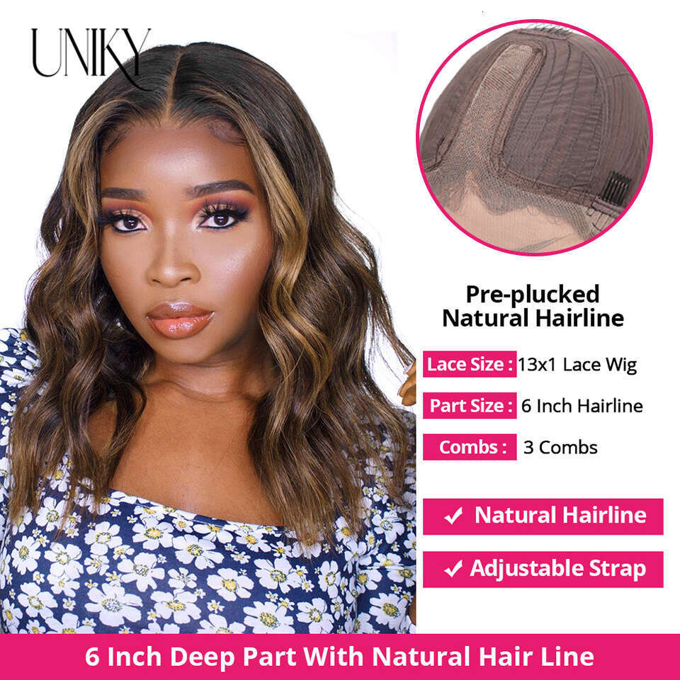 Body Wave Highlight Natural Black Color Bob Brazilian Human Middle Part Lace Frontal Pre Plucked Hair Wig 180 Density