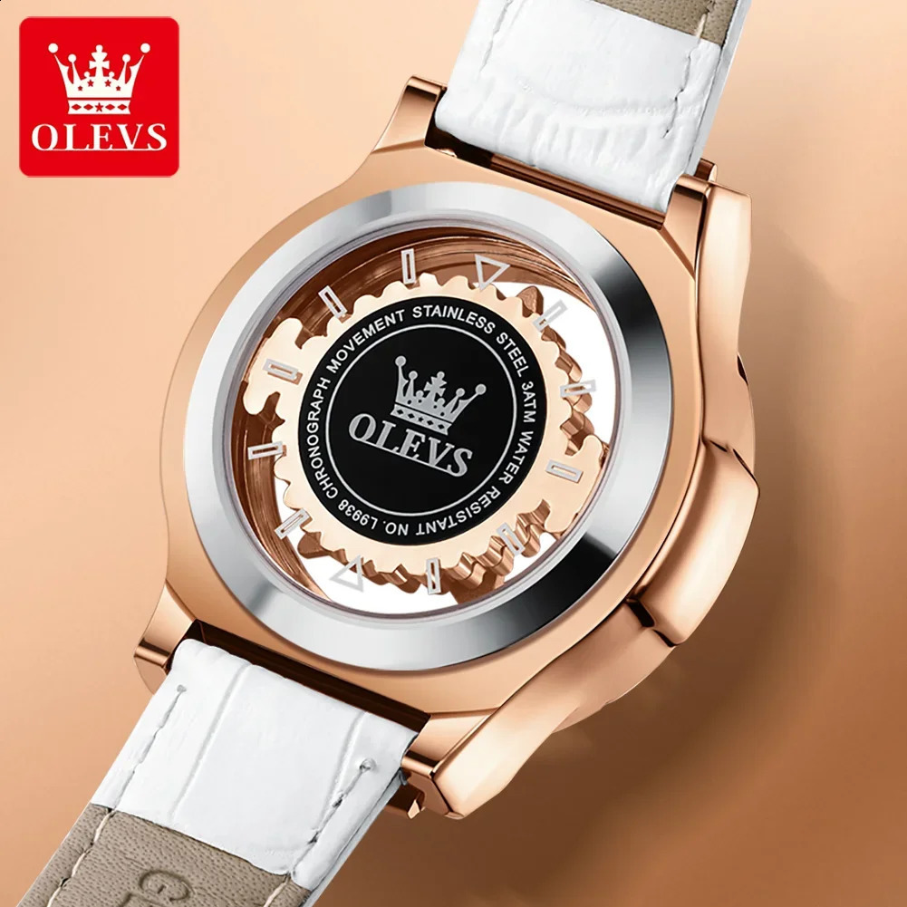 OLEVS Diamond Watch for Women Waterproof Breathable Leather Strap Female Pentacle Snowflake Rotates the Dial Quartz Watch 240909
