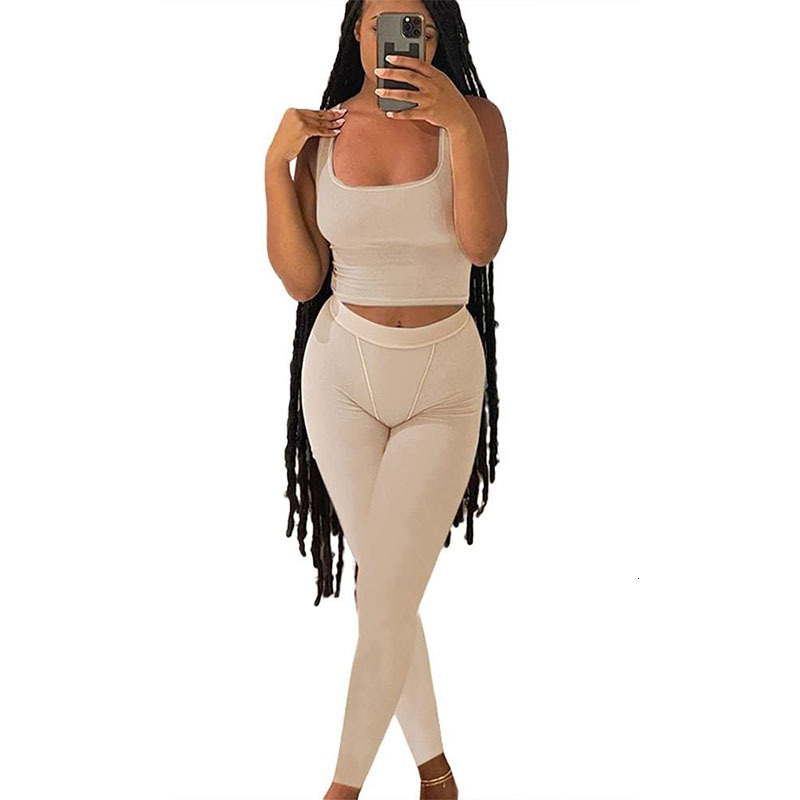 Casual Workout Sets 2 Piece Outfits For Women Ribbed Crop Tank Top High Waist Yoga Leggings Lounge Wear Tracuit